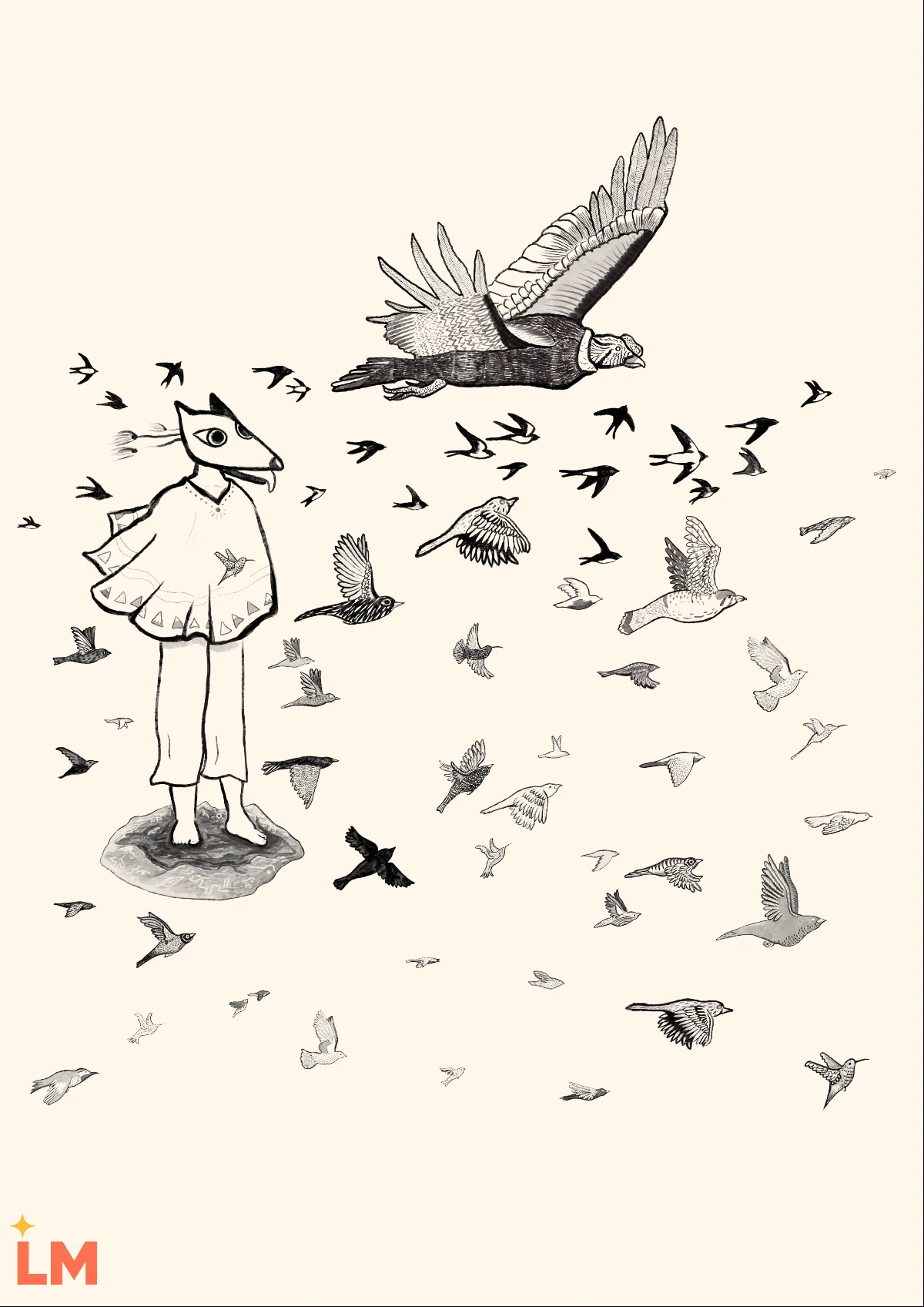 La obra Pájaros de Isaac Orellana sola, sobre fondo claro: una figura rodeada de una bandada de aves